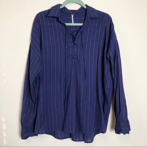Free People Blue Striped Lace Up Shirt